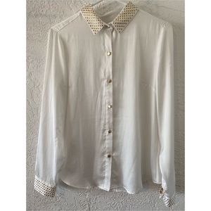 New York & Co. Gold Embelished Collared Blouse